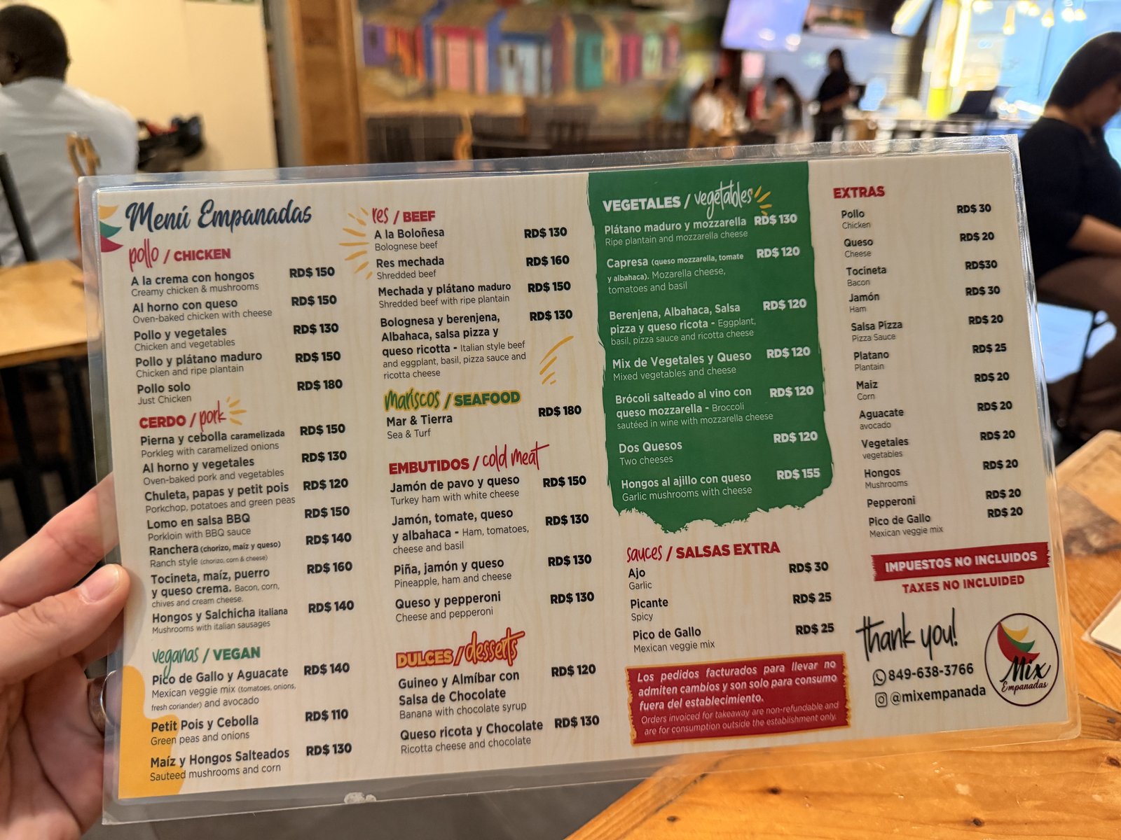 The Mix Empanadas menu, listing chicken, pork, beef, seafood and vegetarian empanadas
